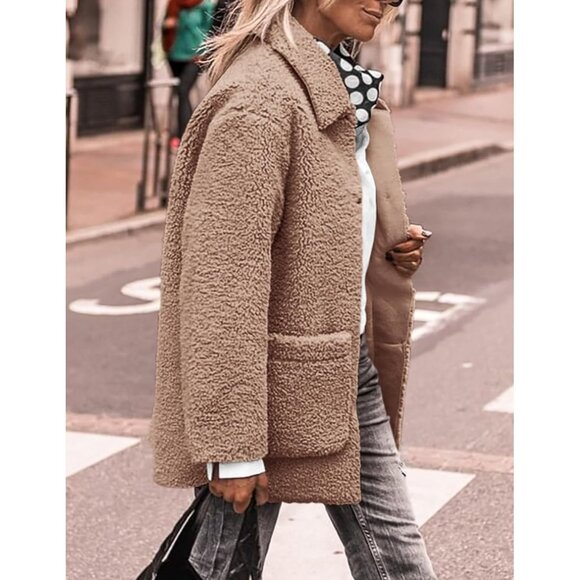 Women’s Winter Faux Fur Coat Long Sleeve Lapel Button Down Fleece Sherpa Jacket - Picture 4 of 8